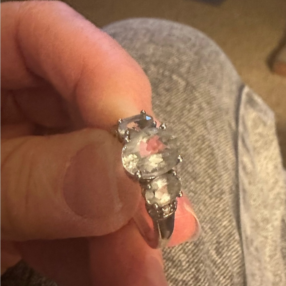 3 Stone Lab Created Pale Blue Aquamarine Sterling Silver Ring - size 7